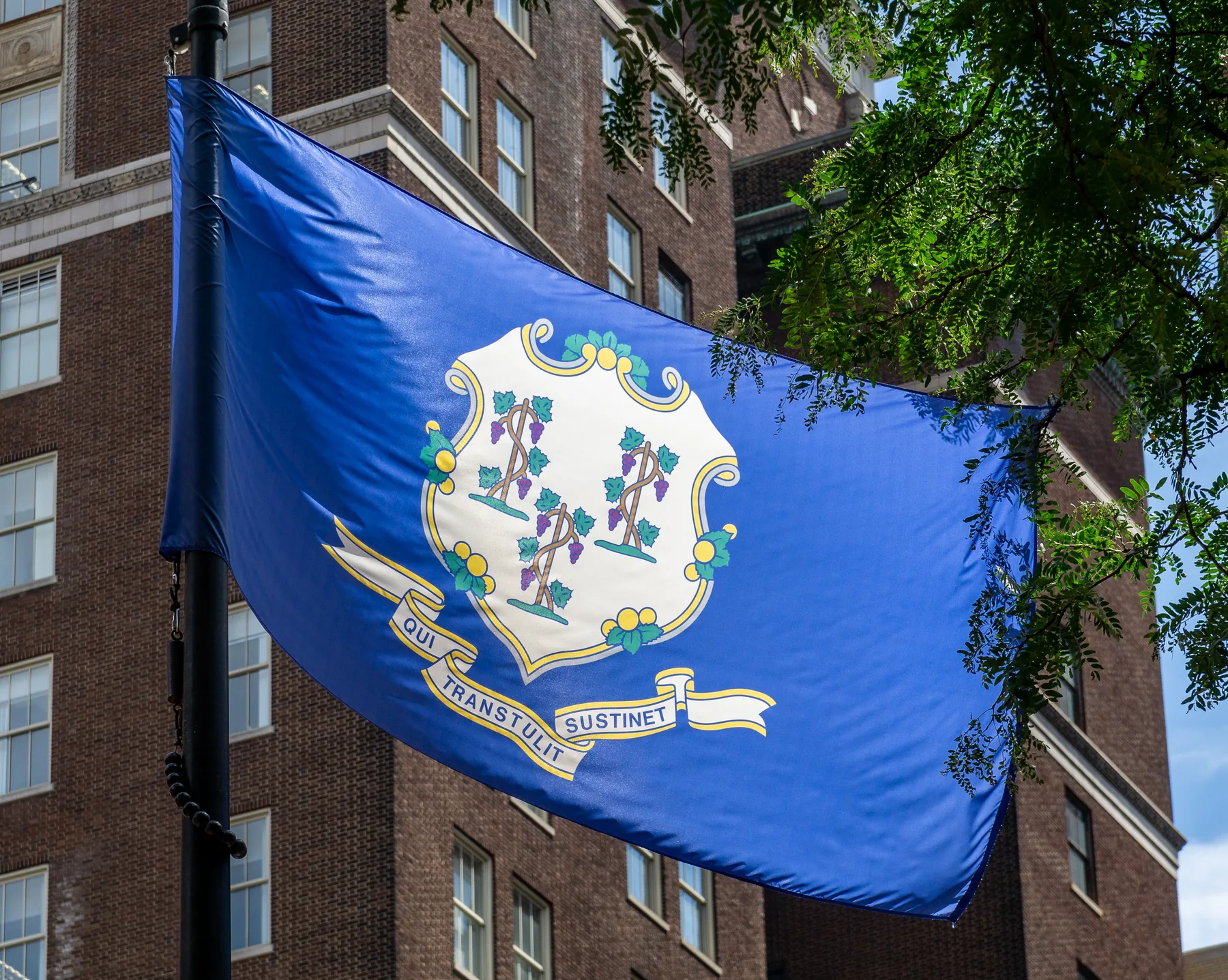 Connecticut state flag flying outdoors in Hartford