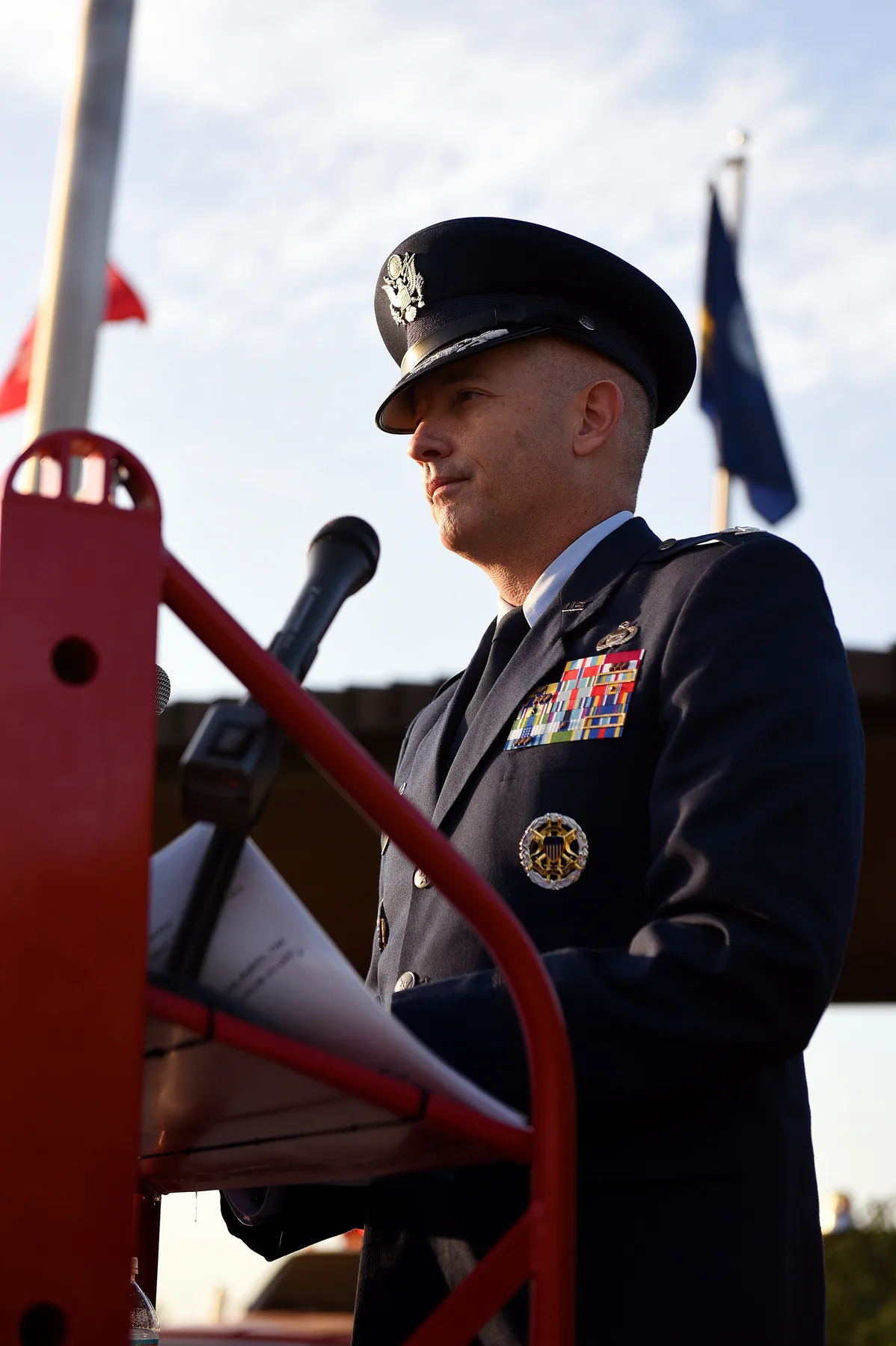 An Air Force officer speaking at the Department of Defense Fallen Firefighter Memorial