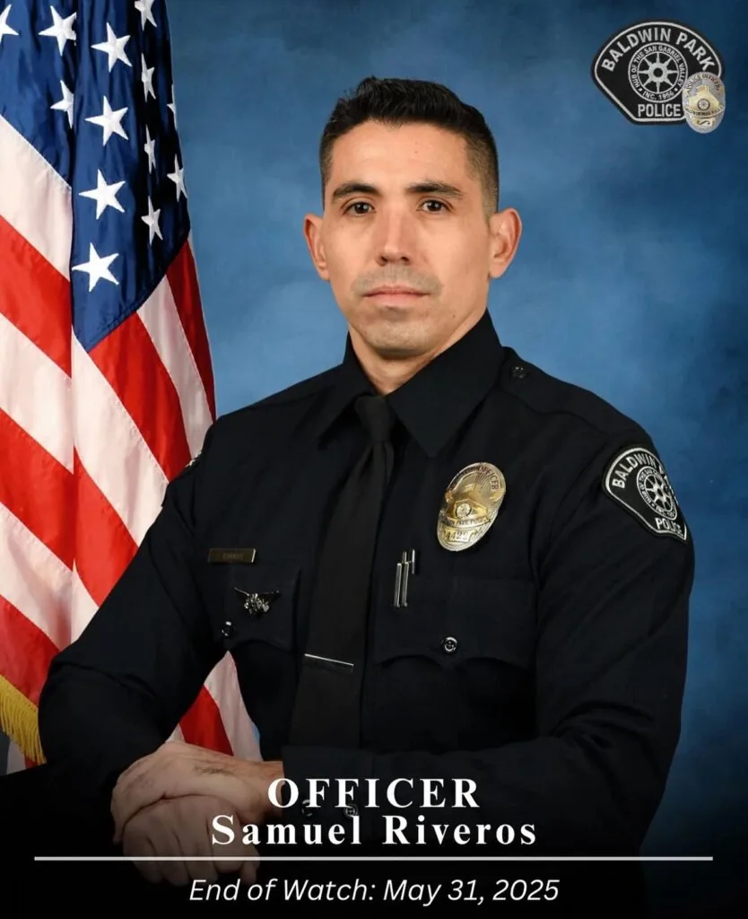 Memorial flag display published with Los Angeles County's announcement honoring Officer Samuel Riveros
