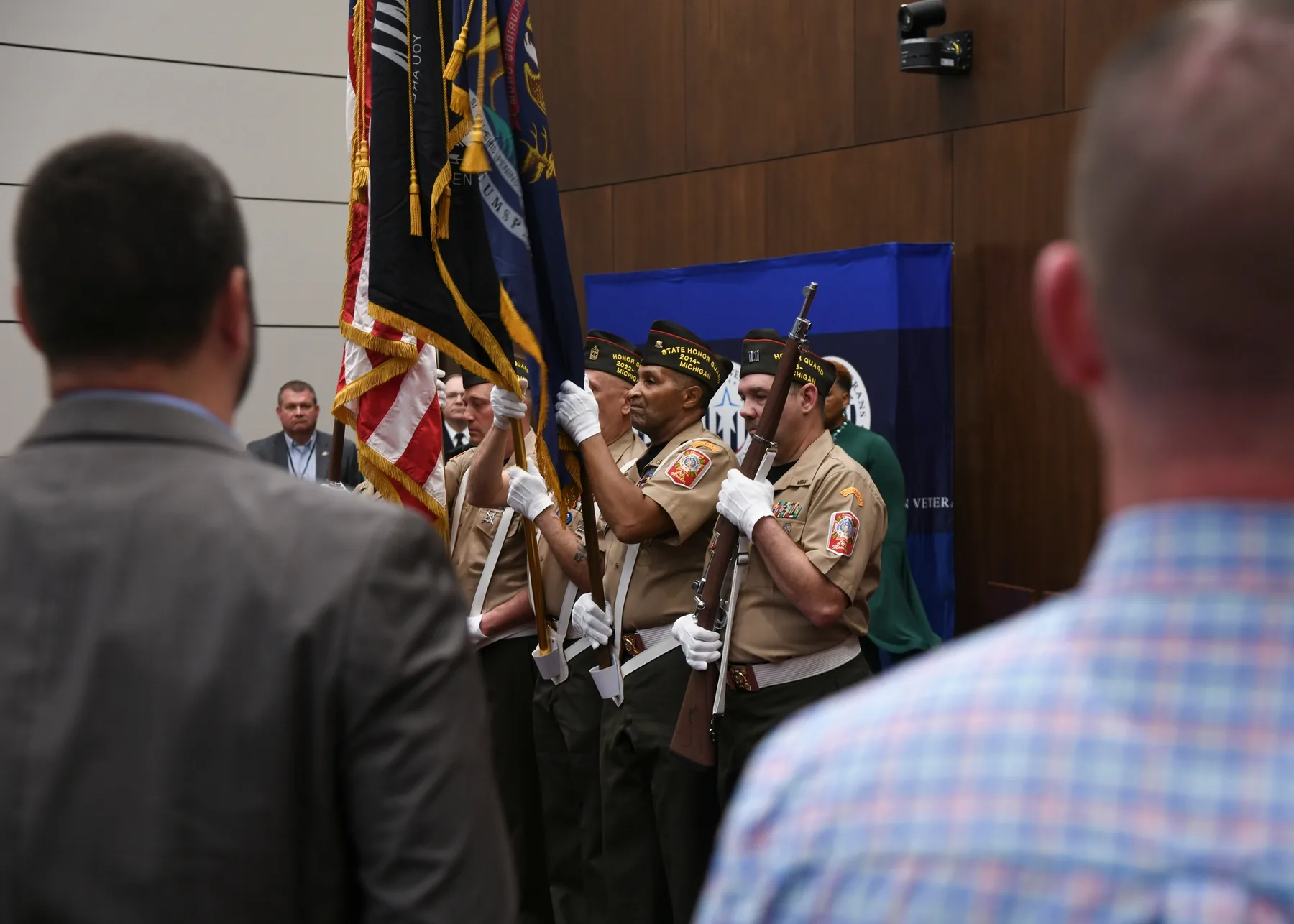 Michigan VFW Honor Guard presenting the United States and Michigan colors at a Lansing ceremony