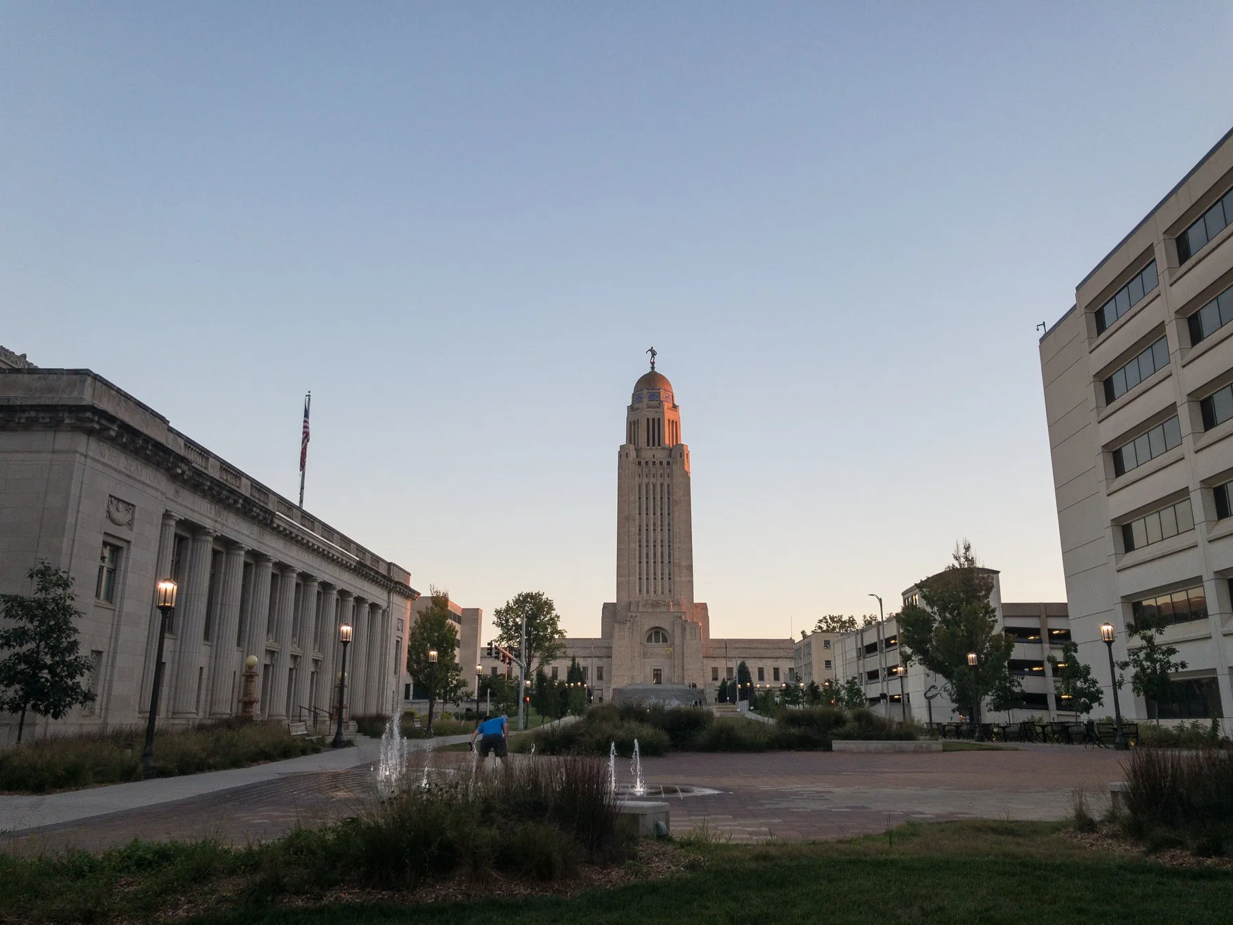 Nebraska State Capitol viewed from a downtown Lincoln civic plaza