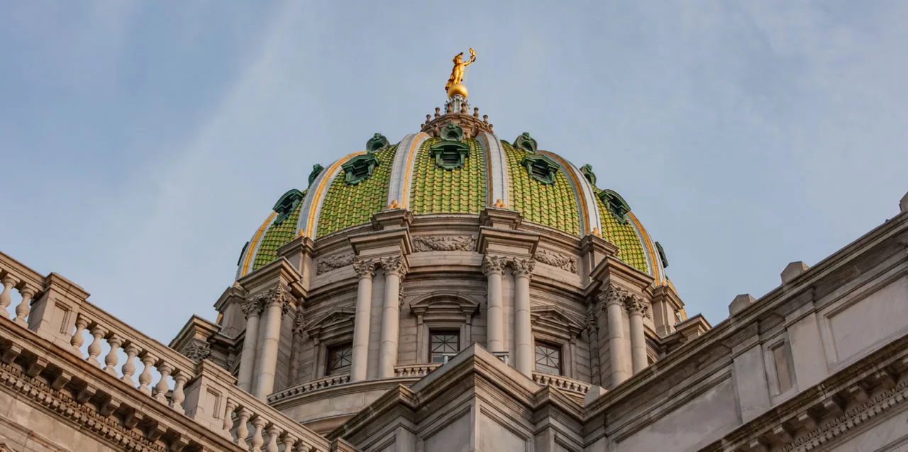 Close view of the green-tiled Pennsylvania State Capitol dome in Harrisburg